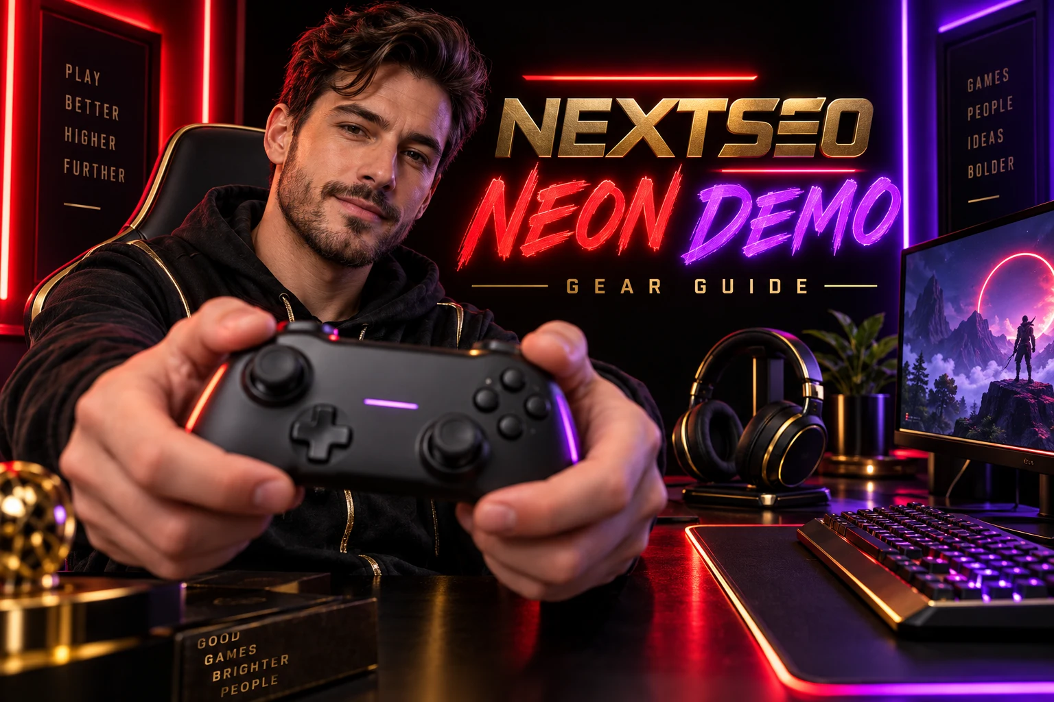 Gaming presenter demonstrating a controller and desk accessories
