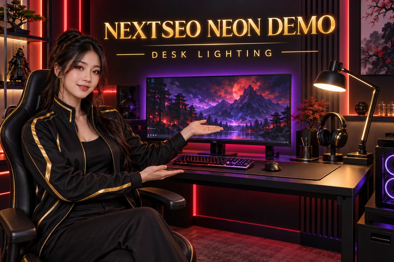 NextSEO Neon Demo presenter demonstrating desk and monitor lighting